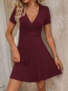 Kadın Kısa Kollu Kruvaze Yaka A Kesim Kalın Fitilli Kaşkorse Elbise