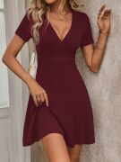 Kadın Kısa Kollu Kruvaze Yaka A Kesim Kalın Fitilli Kaşkorse Elbise