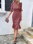 Kadın Kısa Kollu Yarı Balıkçı Yakalı Etek Ucu Fırfırlı Midi Ithal Krep Elbise