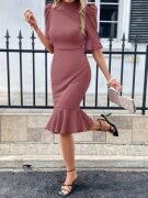 Kadın Kısa Kollu Yarı Balıkçı Yakalı Etek Ucu Fırfırlı Midi Ithal Krep Elbise