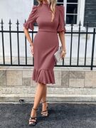 Kadın Kısa Kollu Yarı Balıkçı Yakalı Etek Ucu Fırfırlı Midi Ithal Krep Elbise