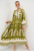 2423 Otantik Desenli Tesettür Elbise - Mint Yeşili