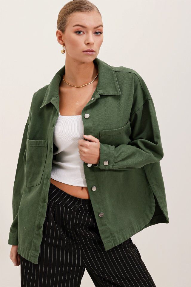 20192 Oversize Gabardin Gömlek Ceket - Haki
