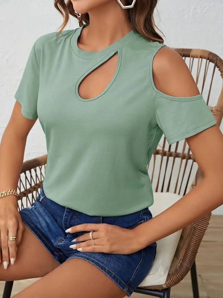 Kadın Kısa Kollu Tek Omuzu Açık Damla Detaylı Viskon Bluz