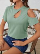 Kadın Kısa Kollu Tek Omuzu Açık Damla Detaylı Viskon Bluz