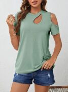 Kadın Kısa Kollu Tek Omuzu Açık Damla Detaylı Viskon Bluz