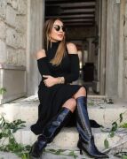 Kadın Balıkçı Yaka Omuzlardan Açık Uzun Kollu Janjan Krep Elbise