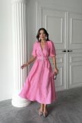 Pembe Işıltılı Kemerli Kruvaze Elbise
