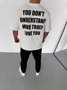 Unisex Bisiklet Yaka Baskılı Oversize T-Shirt - Beyaz