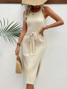 Kadın Askılı Omuzlardan Açık Belden Kuşaklı Yandan Yırtmaçlı Triko Elbise