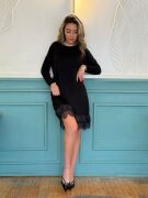 Kadın Uzun Kollu Bisiklet Yaka Etek Ucu Deri Ve Tül Detay Iki Iplik Mini Boy Elbise