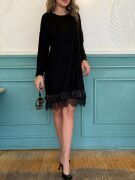 Kadın Uzun Kollu Bisiklet Yaka Etek Ucu Deri Ve Tül Detay Iki Iplik Mini Boy Elbise