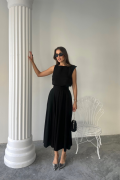 KETEN KOLSUZ BLUZ - MAXİ ETEK TAKIM - Siyah