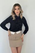 Bej Kemeri Bilyeli Mini Etek
