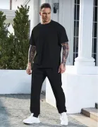 Unisex Düz T-Shirt Ve Eşofman Takımı - Siyah
