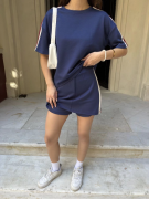 Osy Modal Yumuşak Dokulu Kumaş Parçalı Bisiklet Yaka T-shirt Mini Şortlu Etek İkili Takım -Lacivert