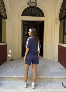 Osy Modal Yumuşak Dokulu Kumaş Parçalı Bisiklet Yaka T-shirt Mini Şortlu Etek İkili Takım -Lacivert