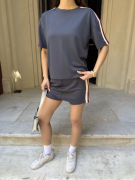 Osy Modal Yumuşak Dokulu Kumaş Parçalı Bisiklet Yaka T-shirt Mini Şortlu Etek İkili Takım - Füme