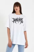 Unisex Bisiklet Yaka Baskılı Oversize T-Shirt - Beyaz