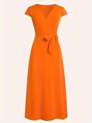 Kadın Kısa Kollu V Yakalı Belden Kuşaklı Maksi Boy Viskon Elbise