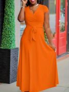 Kadın Kısa Kollu V Yakalı Belden Kuşaklı Maksi Boy Viskon Elbise