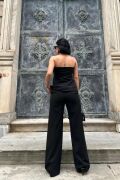 Siyah Straplez Düğmeli Crop Ve Pantolon Takım