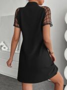 Kadın Kısa Kollu Boyundan Bağlamalı Omuzlarda Tül Detaylı Janjan Krep Elbise