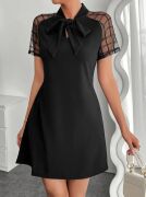 Kadın Kısa Kollu Boyundan Bağlamalı Omuzlarda Tül Detaylı Janjan Krep Elbise