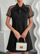 Kadın Kısa Kollu Boyundan Bağlamalı Omuzlarda Tül Detaylı Janjan Krep Elbise