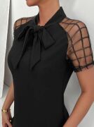 Kadın Kısa Kollu Boyundan Bağlamalı Omuzlarda Tül Detaylı Janjan Krep Elbise