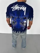 Unisex Bisiklet Yaka Baskılı Oversize T-Shirt - Lacivert