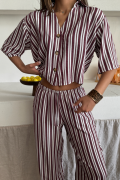 ÇİZGİLİ CROP GÖMLEK - SALAŞ PANTOLON TAKIM MODAL - Bordo