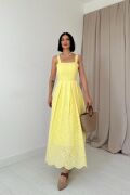 Sarı Askılı Aparatlı Brode Elbise