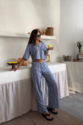 ÇİZGİLİ CROP GÖMLEK - SALAŞ PANTOLON TAKIM MODAL - Mavi