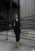 Kadın Uzun Kollu Kruvaze Yaka Büzgü Ve Balon Kol Detay Krep Kumaş Maxi Boy Elbise