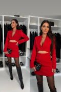 Kadın Atlas Kumaş Uzun Kollu V Yaka Blazer Kesim Göbek Dekolteli Mini Ceket Elbise