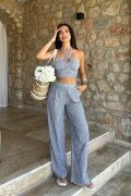 Vesna Keten Çizgili Crop Takım 9806-0025