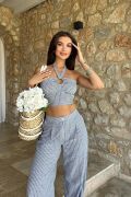 Vesna Keten Çizgili Crop Takım 9806-0025