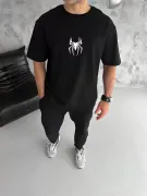 Unisex Bisiklet Yaka Baskılı Oversize T-Shirt - Siyah