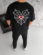Unisex Bisiklet Yaka Baskılı Oversize T-Shirt - Siyah