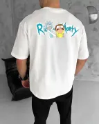 Unisex Bisiklet Yaka Baskılı Oversize T-Shirt - Beyaz