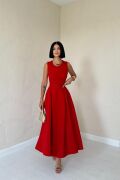 Kırmızı Halter Yaka Kloş Elbise