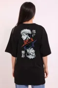 Unisex Bisiklet Yaka Baskılı Oversize T-Shirt - Siyah