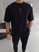 Unisex Bisiklet Yaka Baskılı Oversize T-Shirt - Siyah