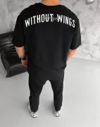 Unisex Bisiklet Yaka Baskılı Oversize T-Shirt - Siyah