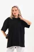 Unisex Bisiklet Yaka 20/1 Düz Oversize T-Shirt - Siyah