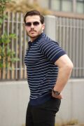 Erkek Fermuar Yakalı çizgili Kısa Kollu T-shirt