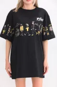 Unisex Bisiklet Yaka Baskılı Oversize T-Shirt - Siyah