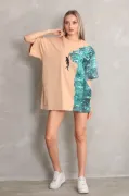 Unisex Bisiklet Yaka Baskılı Oversize T-Shirt - Bej