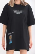 Unisex Bisiklet Yaka Baskılı Oversize T-Shirt - Siyah